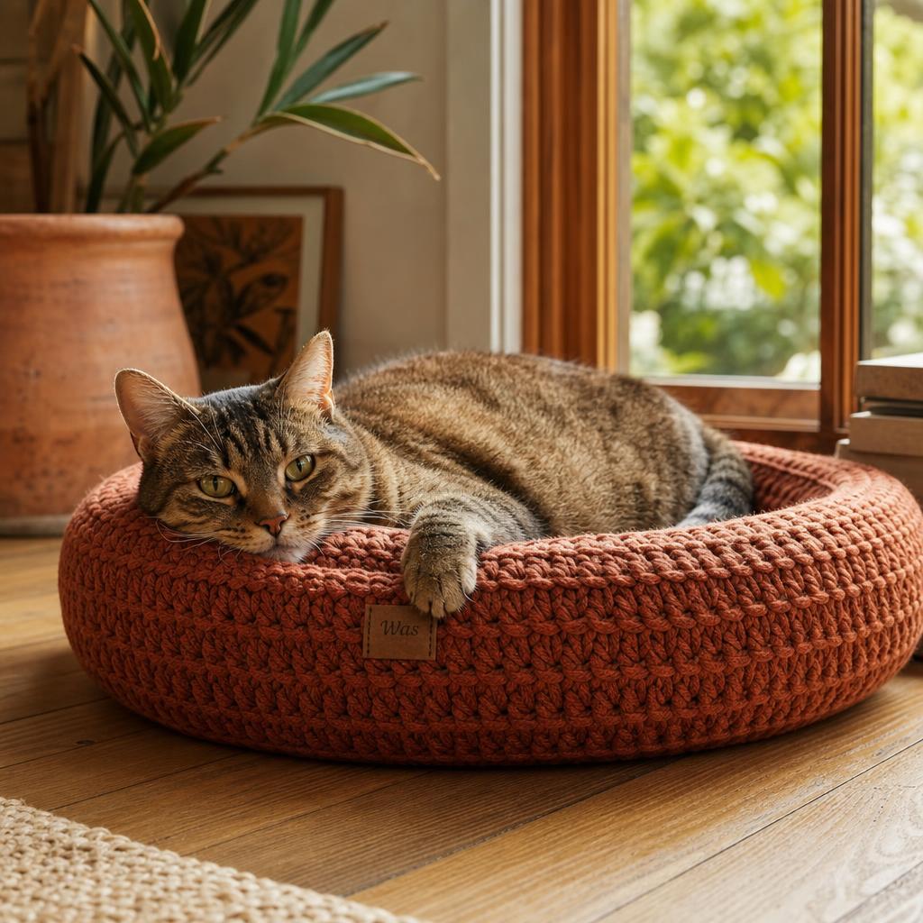 Уютная лежанка для кота терракотового цвета